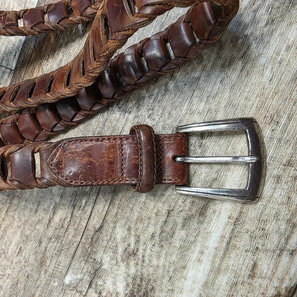 Vintage Brown Woven Leather Belt Boho Western Coastal Boho Distressed
